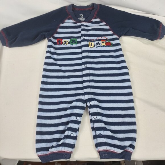 Carters Boy's Infant Blue Long Sleeve Fleece One Piece "Trains" Size 12 Months - Picture 1 of 4